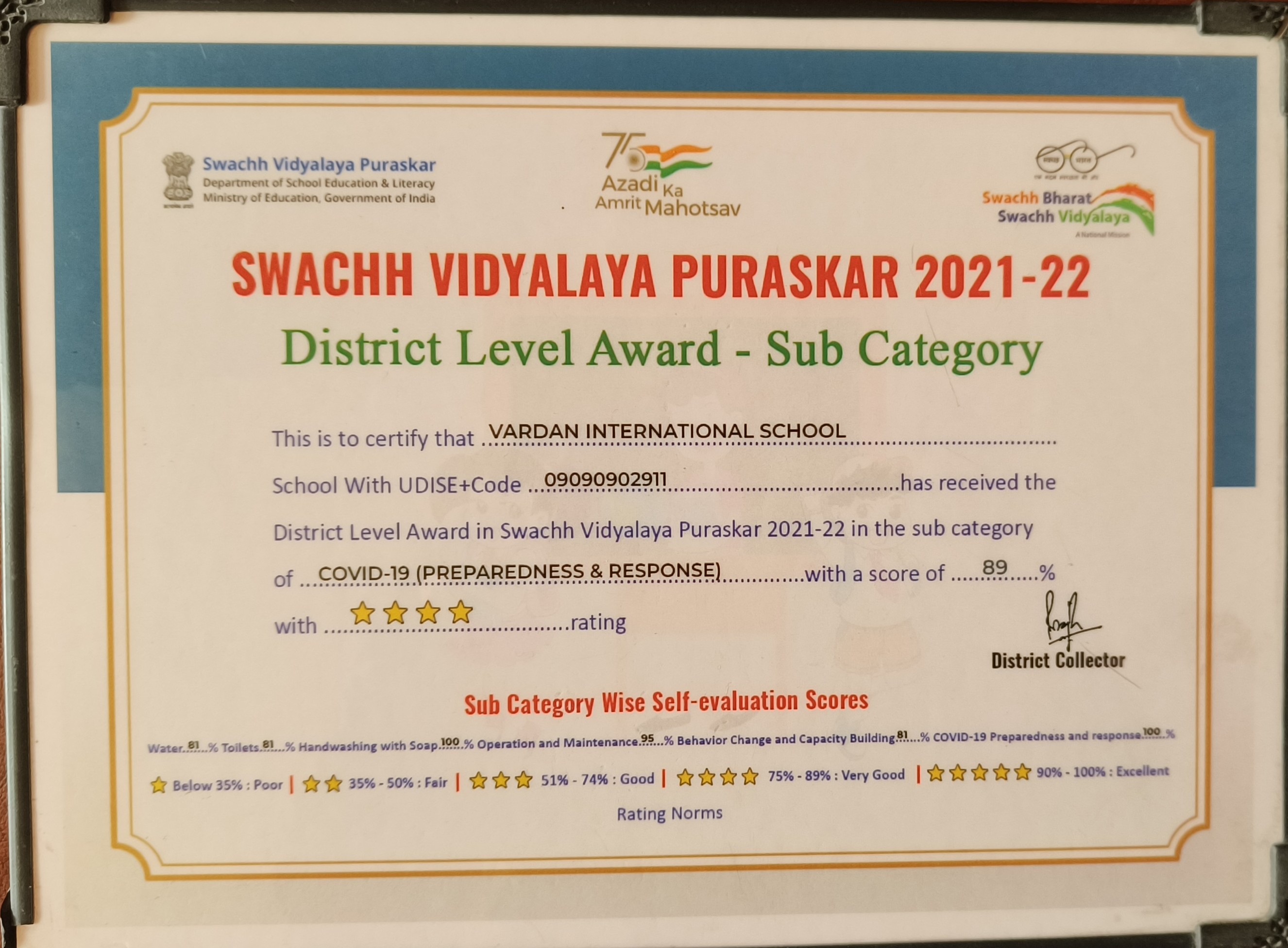 Swachh Vidyalaya Puraskar Certificate